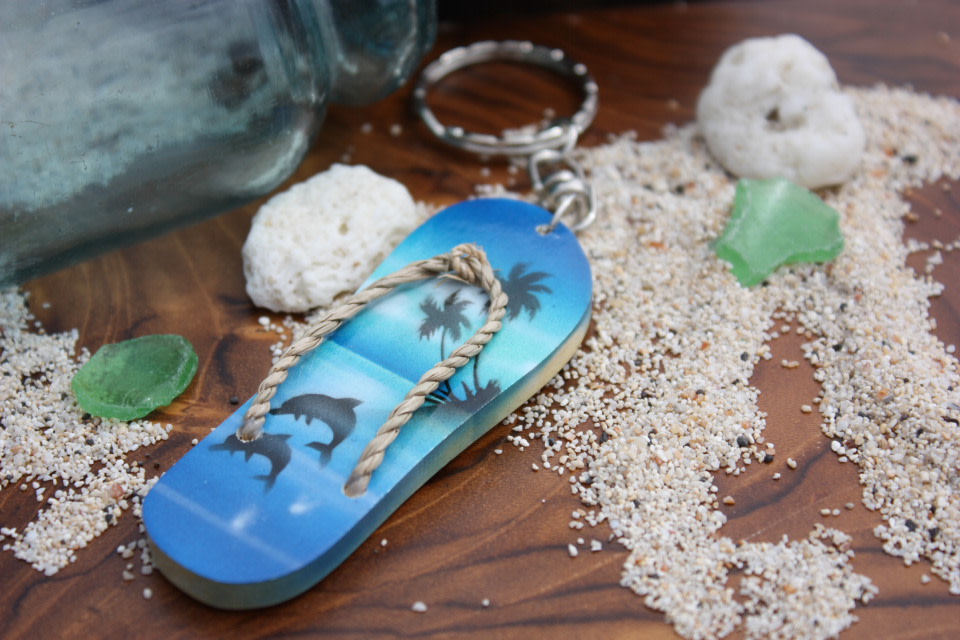 Keychain Slipper w/ Dolphin and Palm Trees #2 - Hawaiian Style Keychain Slipper w/ Dolphin and Palm Trees #2 - Hawaiian Style